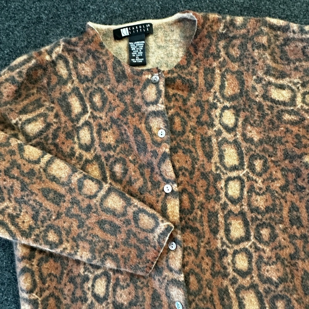 CAROLE LITTLE Lambs Wool‎ Angora Rabbit Hair Animal Print V-Neck Sweater XL Vtg